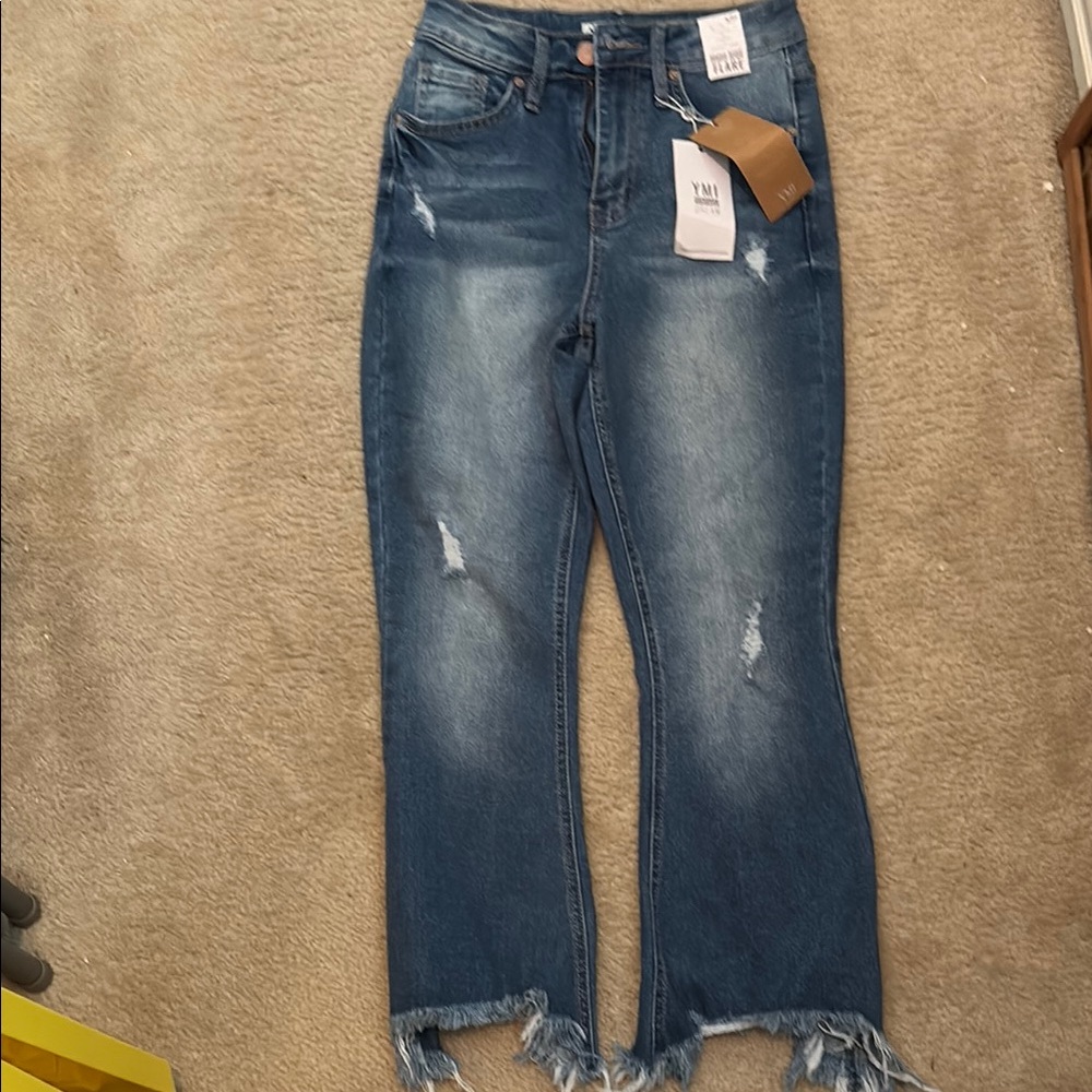 YMI Blue Flare Jeans with Distressed Hem
